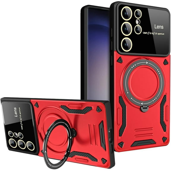 Case for Samsung Galaxy S22 Ultra with Magnetic Attraction 360° Ring Stand Cover for Samsung Galaxy S22 Ultra with Screen Camera Protector Hard PC TPU Case Red