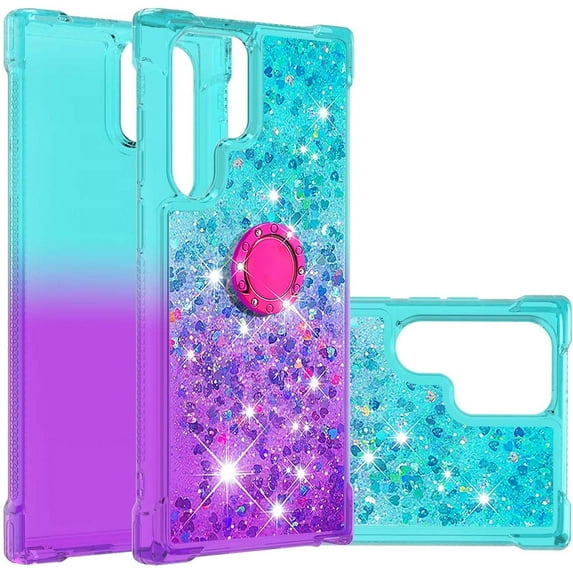 Case for Samsung Galaxy S22 Ultra with Magnetic Ring Kickstand, Gradient Quicksand Glitter Flowing Liquid Floating Cute Phone Case Clear TPU Cover for Samsung Galaxy S22 Ultra JB Bluish Violet