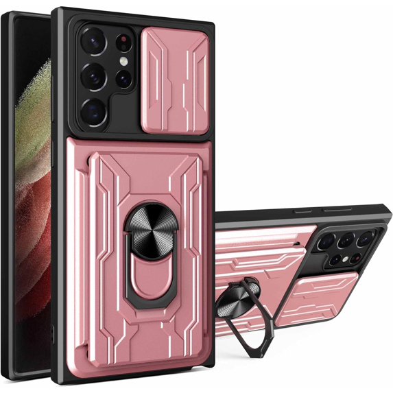 Case for Samsung Galaxy S22 Ultra (Not S22) with Card Holder, Heavy Duty Protection Phone Case with Magnetic Ring Kickstand Slide Camera Cover for Samsung Galaxy S22 Ultra LJK Rose Gold
