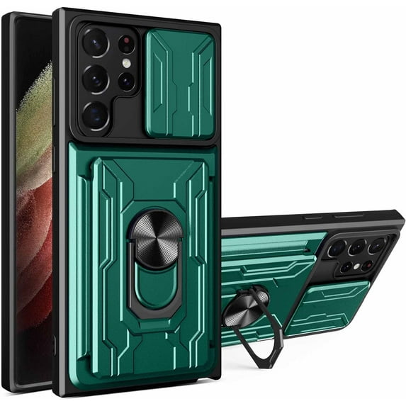 Case for Samsung Galaxy S22 Ultra (Not S22) with Card Holder, Heavy Duty Protection Phone Case with Magnetic Ring Kickstand Slide Camera Cover for Samsung Galaxy S22 Ultra LJK Green