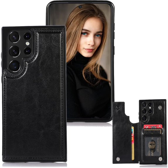 Case for Samsung Galaxy S22 Ultra (Not S22) with Card Holder, Minimalist Luxury PU Leather Magnetic Closure Kickstand Slim Hard Protective Case Cover for Samsung Galaxy S22 Ultra Black-