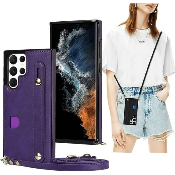 Case for Samsung Galaxy S22 Ultra (Not S22) with Card Slot Holder, Removable Adjustable Shoulder Strap Lanyard Crossbody Neck Purse Phone Case for Samsung Galaxy S22 Ultra KB Purple