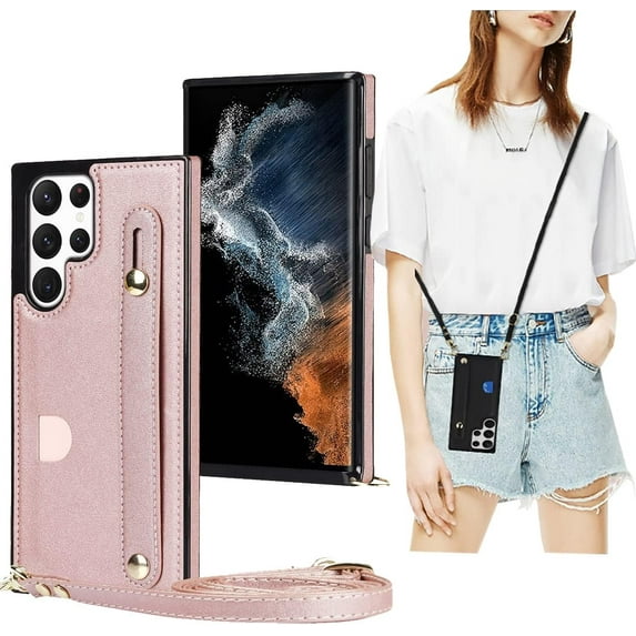Case for Samsung Galaxy S22 Ultra (Not S22) with Card Slot Holder, Removable Adjustable Shoulder Strap Lanyard Crossbody Neck Purse Phone Case for Samsung Galaxy S22 Ultra KB Rose