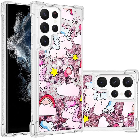 Case for Samsung Galaxy S22 Ultra (Not fit S22), Crystal Bling Quicksand Effect TPU Bumper Case with Four Corners Heavy Protective Cover for Samsung Galaxy S22 Ultra,YBDT Pink Horse