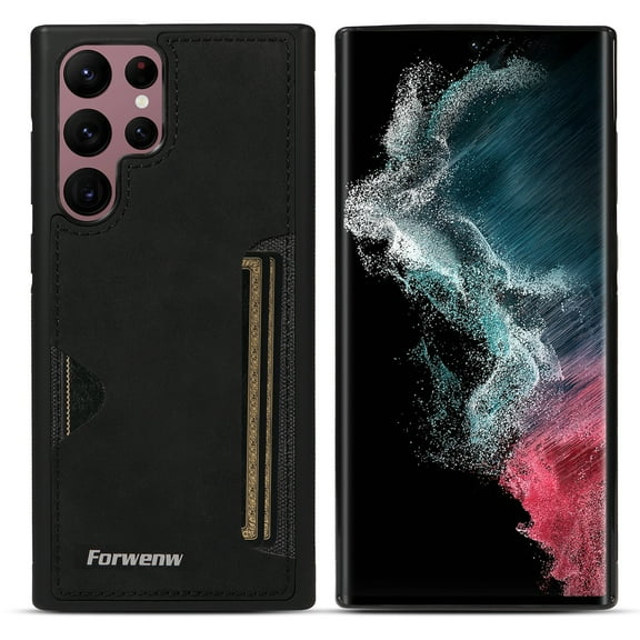 Case for Samsung Galaxy S22 Ultra, Vintage Premium PU Leather Wallet Case with Credit Card Slot Holder Ultra Slim Drop Protective Lightweight Phone Case Cover for Samsung Galaxy S22 Ultra, Black