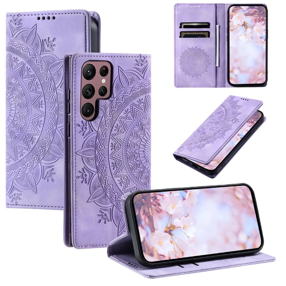 Case for Samsung Galaxy S22 Ultra Wallet Case for Women Girls with Card Holder, Embossed Flower Pattern Magnetic Flip PU Leather Purse Protective Phone Cover for Samsung Galaxy S22 Ultra, Purple