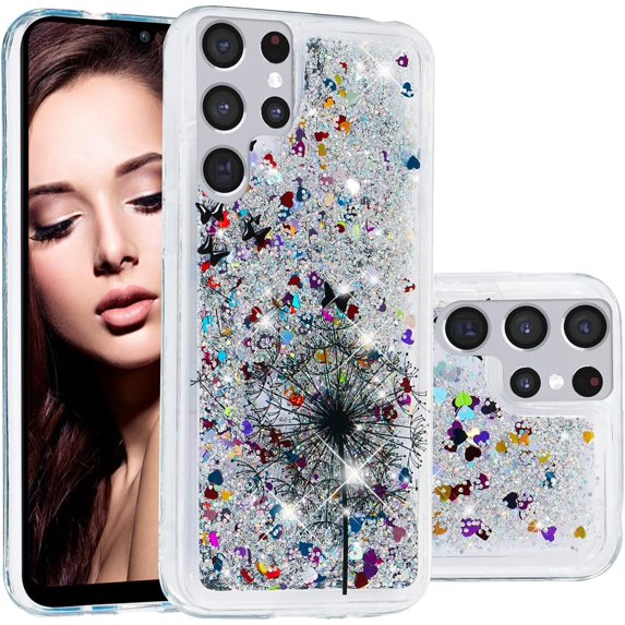 Case for Samsung Galaxy S22 Ultra for Women,Glitter Bling Liquid Sparkle Painted Quicksand Flowing Case Slim Clear Cute Phone Cover for Samsung Galaxy S22 Ultra XY Dandelion