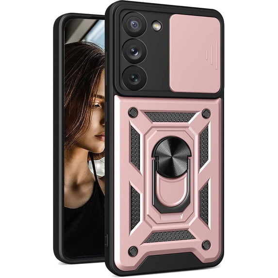 Case for Samsung Galaxy S23 5G with Slide Camera Cover, Military Grade Drop Protective Phone Cover Case with Ring Kickstand for Samsung Galaxy S23 5G SJ Rose Gold