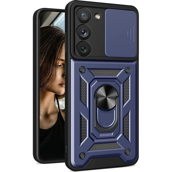 Case for Samsung Galaxy S23 5G with Slide Camera Cover, Military Grade Drop Protective Phone Cover Case with Ring Kickstand for Samsung Galaxy S23 5G SJ Blue