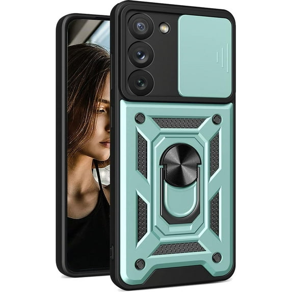 Case for Samsung Galaxy S23 5G with Slide Camera Cover, Military Grade Drop Protective Phone Cover Case with Ring Kickstand for Samsung Galaxy S23 5G SJ Green