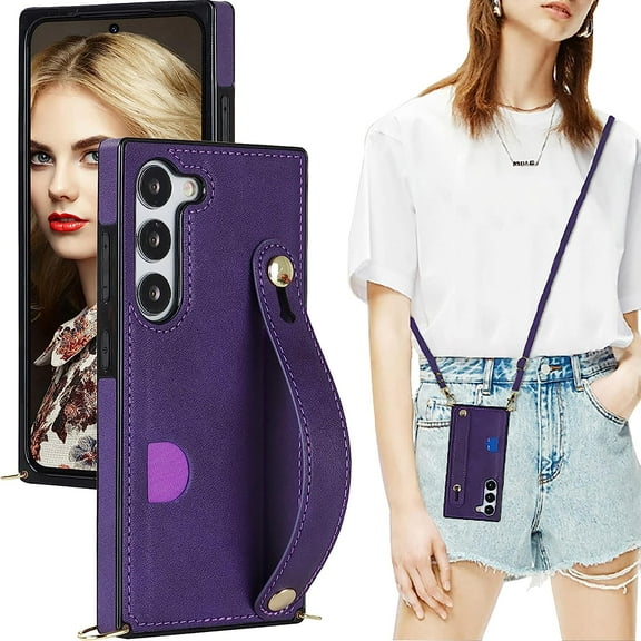 Case for Samsung Galaxy S23 with Card Slot Holder, Removable Adjustable Shoulder Strap Lanyard Crossbody Neck Purse Phone Case for Samsung Galaxy S23 KB Purple