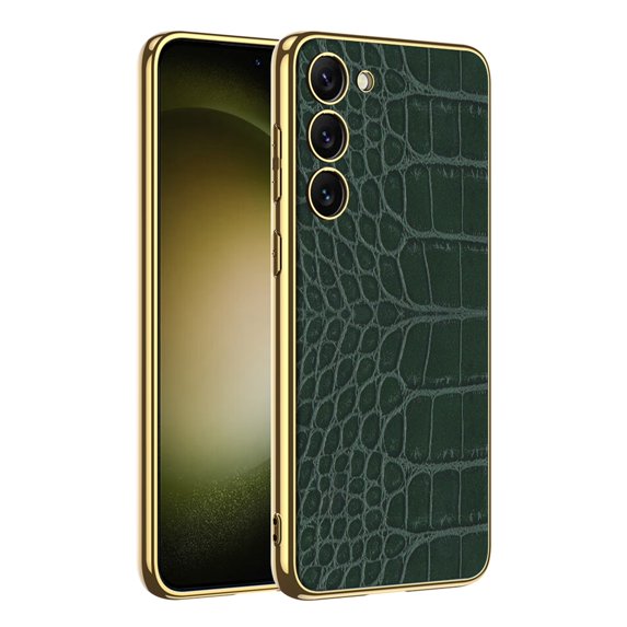 Case for Samsung Galaxy S23, Classic Crocodile Pattern Print PU Leather with Luxury Plating Gold Edge Phone Cover Slim Non-slip Shockproof Protective Case for Samsung Galaxy S23, Darkgreen