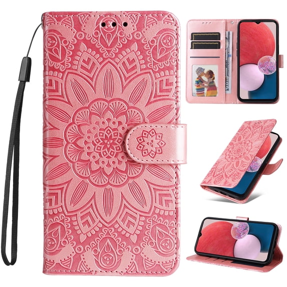 Case for Samsung Galaxy S23 FE, Case Sunflower Embossed PU Leather Flip Cover Wallet Case with Cards Slot Holder Kickstand with Strap Protective Cover for Samsung Galaxy S23 FE,Rosegold