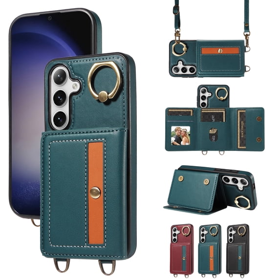Case for Samsung Galaxy S23 FE Wallet Case, Flip Leather Case with 4 Card Holder, Ring Holder Kickstand Shockproof Protective Folio Phone Cover Crossbody Strap for Women Ladies,Cyan