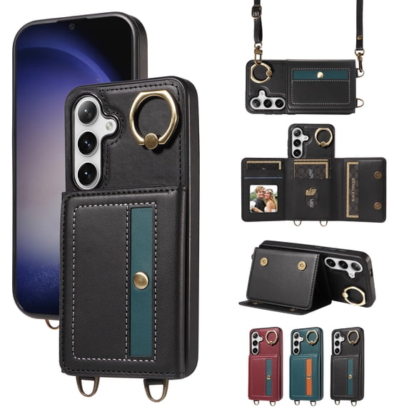 Case for Samsung Galaxy S23 FE Wallet Case, Flip Leather Case with 4 Card Holder, Ring Holder Kickstand Shockproof Protective Folio Phone Cover Crossbody Strap for Women Ladies,Black
