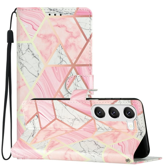 Case for Samsung Galaxy S23 Flowers Butterfly Pattern Wallet Cover, Premium PU Leather Card Slots Holder Magnetic Clasp Flip Case with Kickstand Soft TPU Shockproof Case, Pink Marble