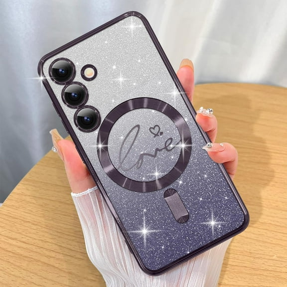 Case for Samsung Galaxy S23 Glitter Case Luxury Plating Love Heart Compatible with MagSafe Clear Case with Camera Protector Protection Shockproof Cover for Women Girls-Purple