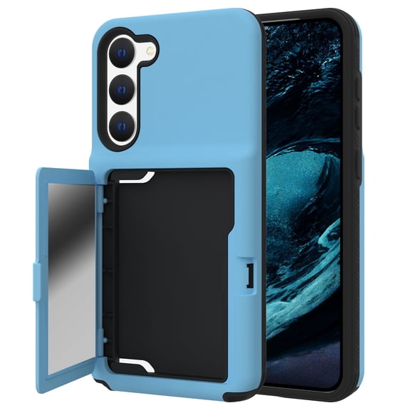Case for Samsung Galaxy S23 with Hidden Makeup Mirror Card Slot Design Cover, Hybrid PC+TPU Shockproof Non-Slip Lens Protection Wallet Case for Samsung Galaxy S23, Light Blue
