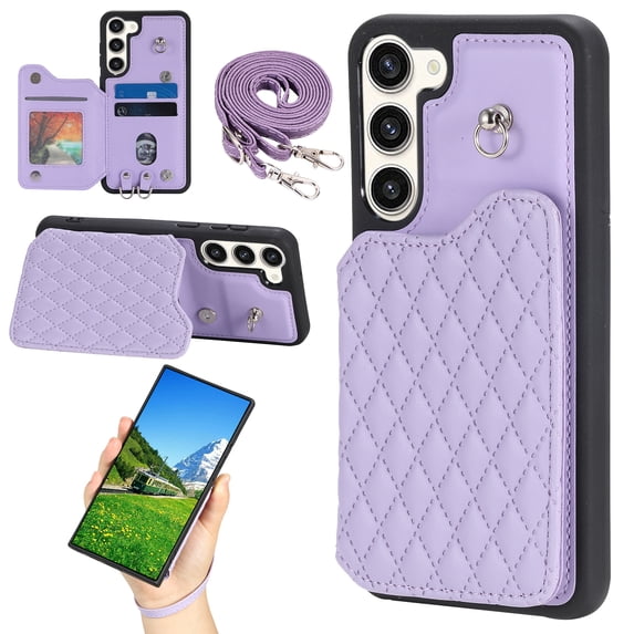 Case for Samsung Galaxy S23 Plus, Detachable Crossbody Strap Wallet Case with Card Slots, Stand Ring Flip PU Leather Protective Cover Lanyard for Women for Samsung Galaxy S23 Plus, Purple