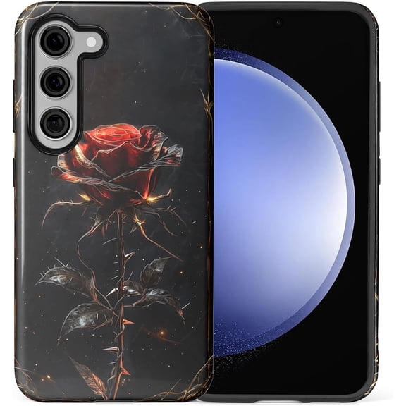 Case for Samsung Galaxy S23 Plus, Durable Drop Protection Shockproof Silicone and Hard PC 2 in 1 Hybrid Protective Cover with Stylish Pattern Design - Black Red Rose