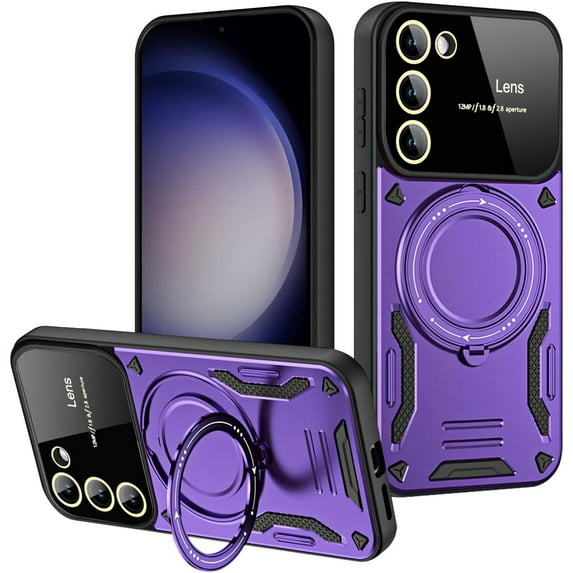 Case for Samsung Galaxy S23 Plus with Magnetic Attraction 360° Ring Stand Cover for Samsung Galaxy S23 Plus with Screen Camera Protector Hard PC TPU Case Purple