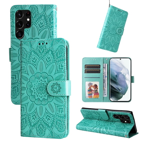 Case for Samsung Galaxy S23 Ultra, Case Sunflower Embossed PU Leather Flip Cover Wallet Case with Cards Slot Holder Kickstand with Strap Protective Cover for Samsung Galaxy S23 Ultra 6.8 inch,Green
