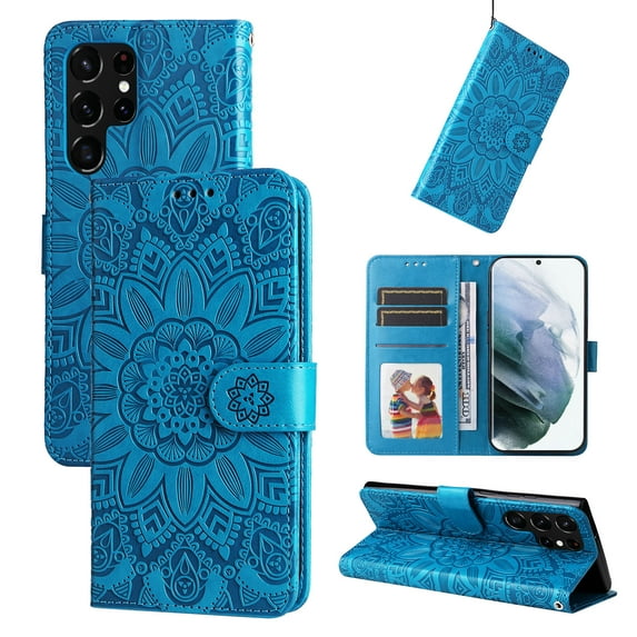 Case for Samsung Galaxy S23 Ultra, Case Sunflower Embossed PU Leather Flip Cover Wallet Case with Cards Slot Holder Kickstand with Strap Protective Cover for Samsung Galaxy S23 Ultra 6.8 inch,Blue