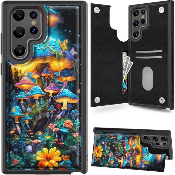 Case for Samsung Galaxy S23 Ultra Case Wallet Case with Card Holder, PU Leather Kickstand Double Magnetic Clasp Shockproof Cover Case for Galaxy S23 Ultra, Colorful Mushroom