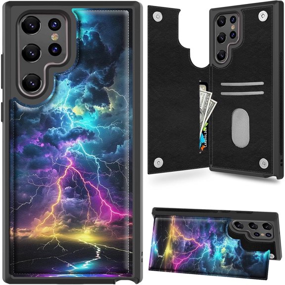Case for Samsung Galaxy S23 Ultra Case Wallet Case with Card Holder, PU Leather Kickstand Double Magnetic Clasp Shockproof Cover Case for Galaxy S23 Ultra, Lightning in The Night Sky