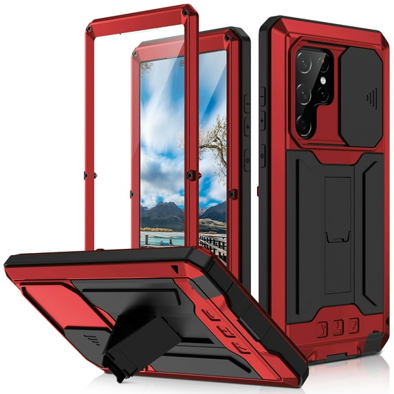 Case for Samsung Galaxy S23 Ultra,Decase Military Grade Shockproof Phone Case Built-in Front Screen Protector Heavy Duty Slide Camera Cover Magnetic Full Body Protective Stand Case - Red