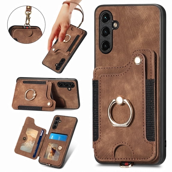 Case for Samsung Galaxy S23 Ultra,Decase PU Leather Shockproof Wallet Phone Cover,RFID Blocking Card Slots Holder Stand With 360° Ring Kickstand & Wristband for Galaxy S23 Ultra,Brown