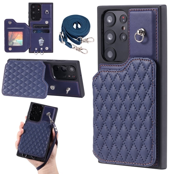 Case for Samsung Galaxy S23 Ultra, Detachable Crossbody Strap Wallet Case with Card Slots, Stand Ring Flip PU Leather Protective Cover Lanyard for Women for Samsung Galaxy S23 Ultra, Darkblue