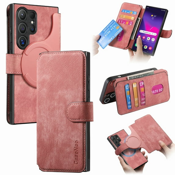 Case for Samsung Galaxy S23 Ultra Detachable Magnetic Wallet Phone Case for Men Women, RFID Blocking Material Retro Folio Flip Leather Case with 3 Card Slots for Samsung Galaxy S23 Ultra, Pink