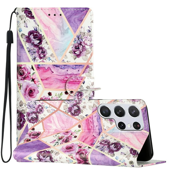 Case for Samsung Galaxy S23 Ultra Flowers Butterfly Pattern Wallet Cover, Premium PU Leather Card Slots Holder Magnetic Clasp Flip Case with Kickstand Soft TPU Shockproof Case, Purple Floral Marble