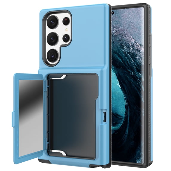 Case for Samsung Galaxy S23 Ultra with Hidden Makeup Mirror Card Slot Design Cover, Hybrid PC+TPU Shockproof Non-Slip Lens Protection Wallet Case for Samsung Galaxy S23 Ultra, Light Blue