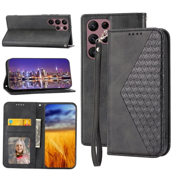 Case for Samsung Galaxy S23 Ultra, Magnetic Matte Premium PU Leather Stand Flip Cover with Card Slots and Wallet, Shockproof and Full Body Protection Compatible with S23 Ultra - Black