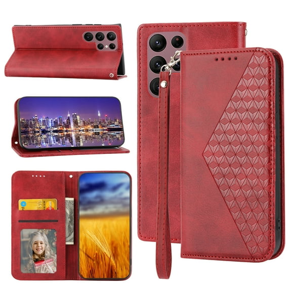 Case for Samsung Galaxy S23 Ultra, Magnetic Matte Premium PU Leather Stand Flip Cover with Card Slots and Wallet, Shockproof and Full Body Protection Compatible with S23 Ultra - Red