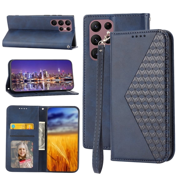 Case for Samsung Galaxy S23 Ultra, Magnetic Matte Premium PU Leather Stand Flip Cover with Card Slots and Wallet, Shockproof and Full Body Protection Compatible with S23 Ultra - Blue