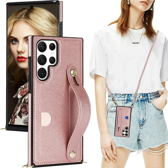 Case for Samsung Galaxy S23 Ultra (Not S23) with Card Slot Holder, Removable Adjustable Shoulder Strap Lanyard Crossbody Neck Purse Phone Case for Samsung Galaxy S23 Ultra KB Rose
