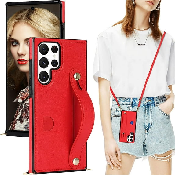 Case for Samsung Galaxy S23 Ultra (Not S23) with Card Slot Holder, Removable Adjustable Shoulder Strap Lanyard Crossbody Neck Purse Phone Case for Samsung Galaxy S23 Ultra KB Red