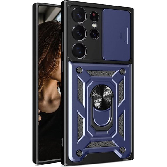 Case for Samsung Galaxy S23 Ultra (Not S23) with Slide Camera Cover, Military Grade Drop Protective Phone Cover Case with Ring Kickstand for Samsung Galaxy S23 Ultra 5G SJ Blue