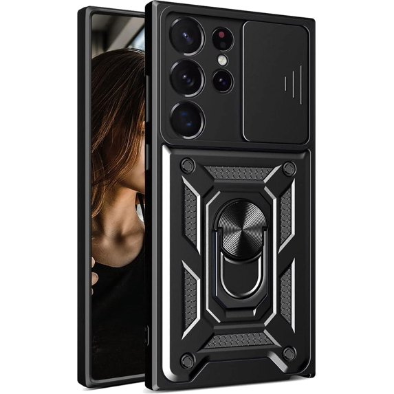 Case for Samsung Galaxy S23 Ultra (Not S23) with Slide Camera Cover, Military Grade Drop Protective Phone Cover Case with Ring Kickstand for Samsung Galaxy S23 Ultra 5G SJ Black