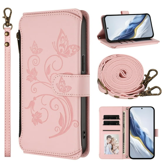 Case for Samsung Galaxy S23 Ultra, PU Leather + TPU, with Crossbody Strap + Wrist Strap, Zipper Pocket Card Slots and Cash Pocket Magnetic Clasp Kickstand Embossed Women Girls Wallet Case, Pink