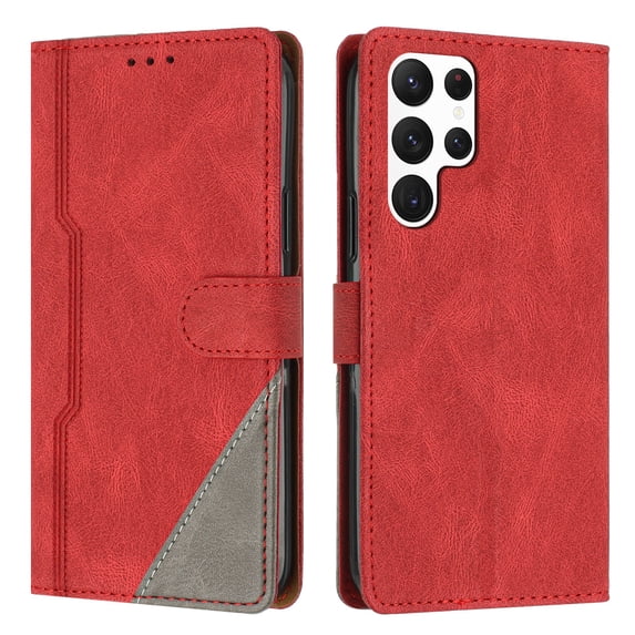 Case for Samsung Galaxy S23 Ultra, PU Leather Wallet Folio Card Holder Kickstand Shockproof Drop Protection Wrist Strap Wireless Charging Phone Case Cover Compatible with S23 Ultra, Red