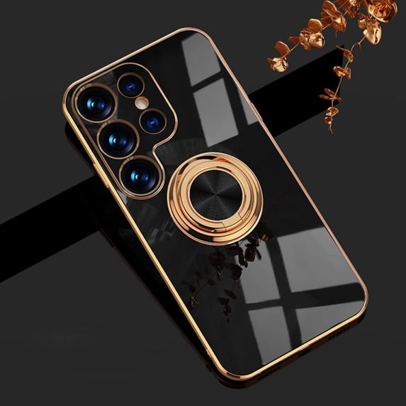 Case for Samsung Galaxy S23 Ultra Ring Holder Case Shiny Plating Rose Gold Edge with 360 Degree Rotation Kickstand for Women Girls Slim Soft Flexible TPU Protective Cover Case, 6.8 Inch, Black