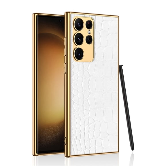 Case for Samsung Galaxy S23 Ultra, Soft TPU & Electroplated Leather Camera Proction Magnetic Cover Support Wireless Charging Shockproof Protective Shell for Samsung S23 Ultra, White