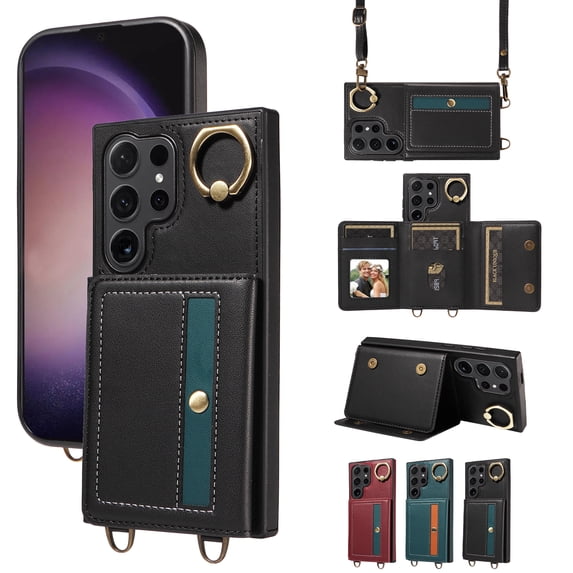Case for Samsung Galaxy S23 Ultra Wallet Case, Flip Leather Case with 4 Card Holder, Ring Holder Kickstand Shockproof Protective Folio Phone Cover Crossbody Strap for Women Ladies,Black