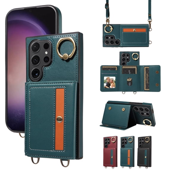 Case for Samsung Galaxy S23 Ultra Wallet Case, Flip Leather Case with 4 Card Holder, Ring Holder Kickstand Shockproof Protective Folio Phone Cover Crossbody Strap for Women Ladies,Cyan