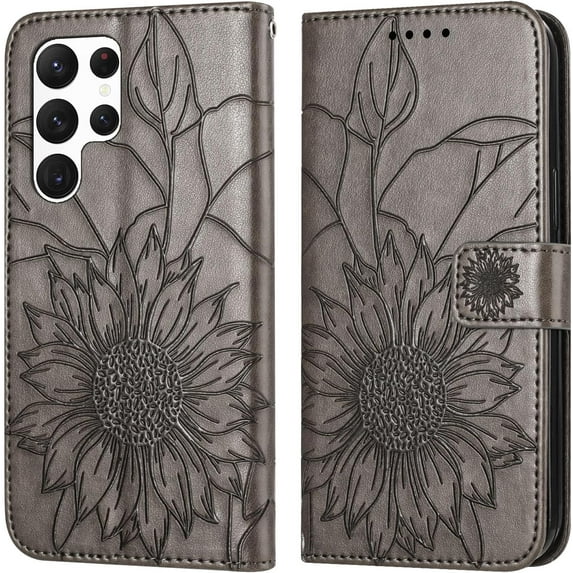 Case for Samsung Galaxy S23 Ultra Wallet Case Kickstand Magnetic Closure with Card Holder Sunflower Pattern Leather Flip Durable Shockproof Cover for Samsung Galaxy S23 Ultra Gray Sunflower