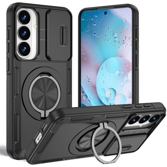 Rugged Shockproof Phone Cover for Samsung Galaxy S24 5G / Galaxy S25 5G 6.2", Built-in Slide Camera Protector with 360° Rotatable Ring Kickstand,Black